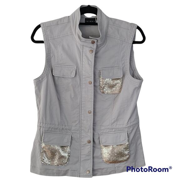 Tribal gray snap front Vest pockets silver sequins Small - Picture 1 of 6